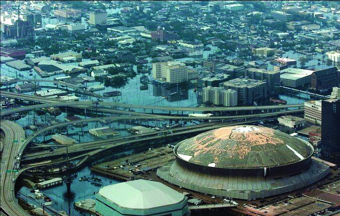 Aerial view of the Superdome after Hurricane Katrina