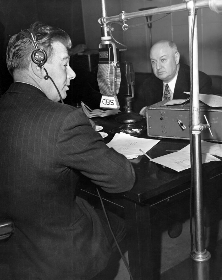 Arthur Godfrey was a morningdisc jockey at CBS station WSJV in Washington in 1945 when he was tapped to cover the network broadcast of the Roosevelt funeral procession. His emotional firsthand account gar- nered national attention; CBS soon awarded him his own morning network program. His program of unscripted interviews and music was a network radio staple until 1972. Here Godfrey interviews Democratic National Committee Chairman and Postmaster General Jim Farley about 1948.