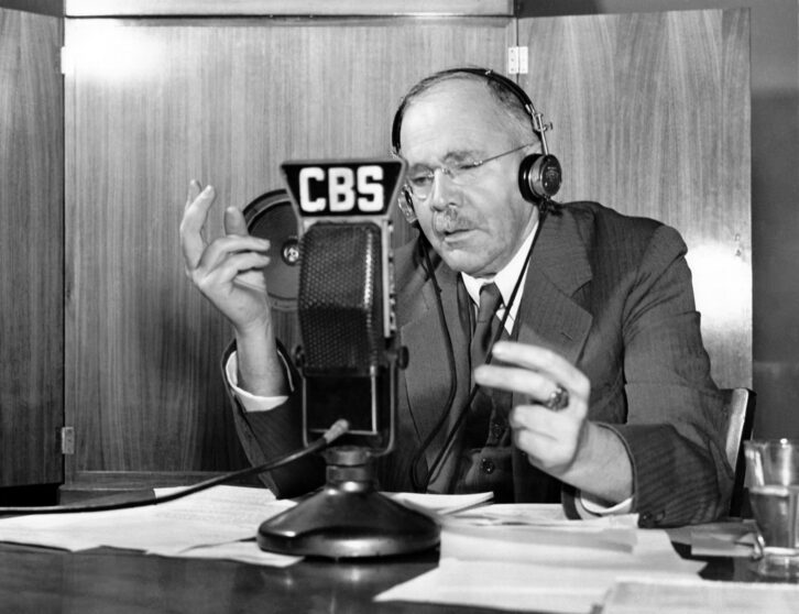 H.V. Kaltenborn was CBS’ foremost news commentator in the 1930s. His knowledge of foreign affairs gave him the ability to analyze and interpret the growing conflict in Europe for audiences. He was fluent in German and French, which allowed him to translate Hitler’s speeches for his audience as they were being received via shortwave. During the Munich Crisis of 1938, he stayed in the CBS studios for 18 days, sleeping on a cot between reports. In 1940, NBC hired him away, just as it had done with Lowell Thomas before him.