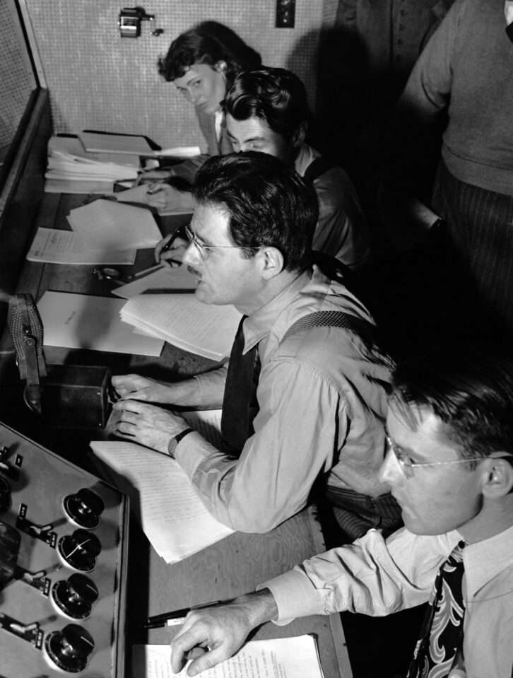 Norman Corwin, radio’s “Poet Laureate,” was CBS’s star program producer. He wrote and directed some of radio’s most memorable special programs, including “We Hold These Truths” (1941) and “On a Note of Triumph” (1945). In this photo, he directs his series “One World Flight,” which described a 37,000-mile trip that took him to 17 countries in 1947.Arthur Godfrey was a morning disc jockey at CBS station WSJV in Washington in 1945 when he was tapped to cover the network broadcast of the Roosevelt funeral procession. His emotional firsthand account garnered national attention; CBS soon awarded him his own morning network program. His program of unscripted interviews and music was a network radio staple until 1972. Here Godfrey interviews Democratic National Committee Chairman and Postmaster General Jim Farley about 1948.