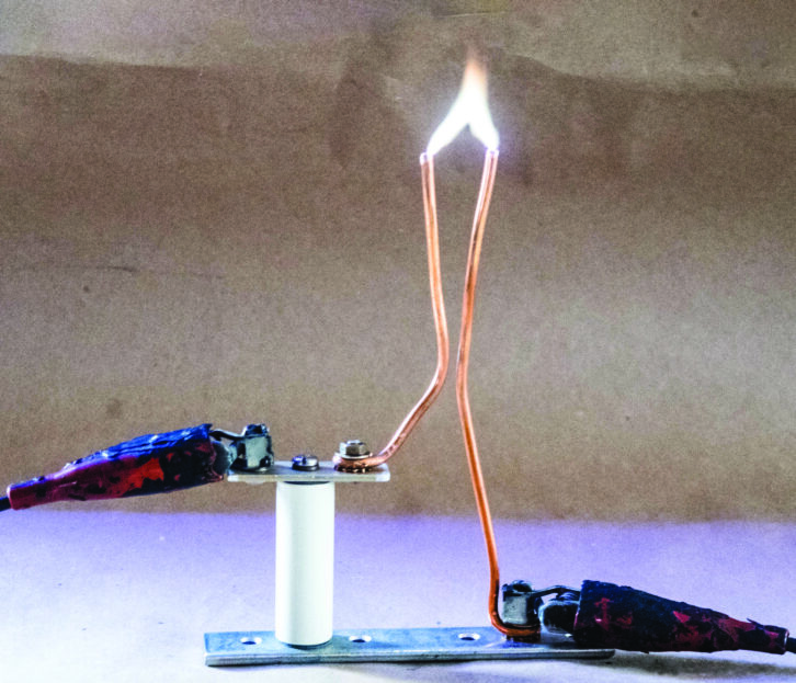 Fig. 4: A Jacob’s Ladder arc gap in action.
