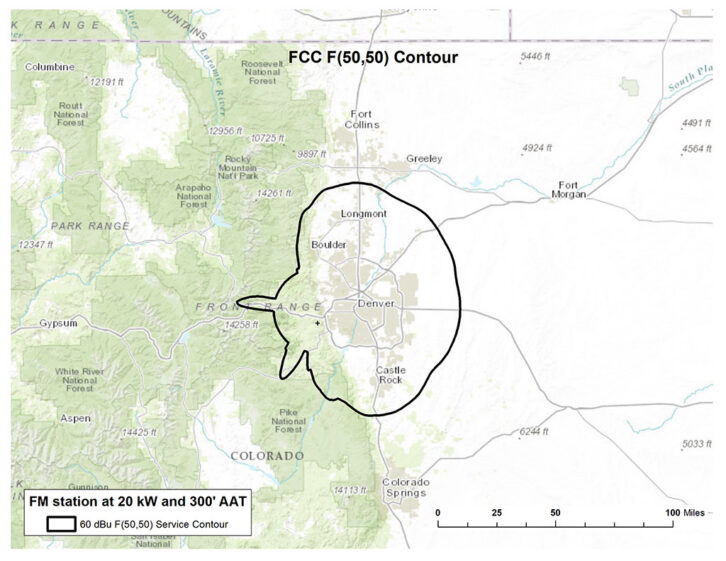 Fig. 1: This coverage map shows the FCC F(50,50) predicted 60 dBu contour of hypothetical station with omnidirectional antenna. Green shading of parkland generally indicates the Front Range of the Rocky Mountains.