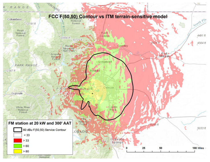 Fig. 2: This shows the FCC contour overlaid with Longley-Rice predicted signal strength values. Red, green and yellow overlays are ITM’s prediction of in-car service at 33 dBu, and 60 dBu and 80 dBu field strengths, all at 1.5 m above ground level.Click To Enlarge