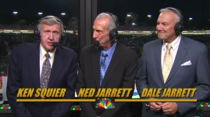 Ken Squier, left, newest member of the NASCAR Hall of Fame, in the broadcast booth at Darlington Raceway in 2016 with fellow Hall members Ned Jarrett, center, and Dale Jarrett, Ned’s son. (
