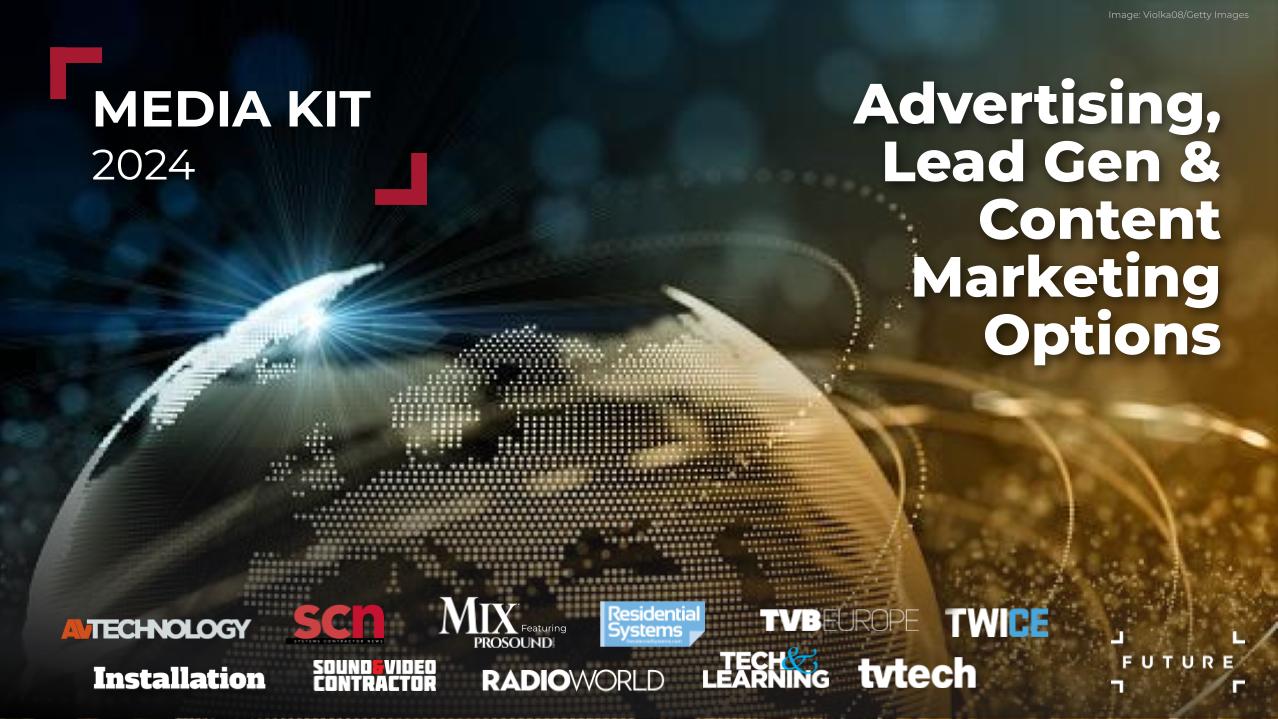 Cover image of the media kit for the AV Tech Group brands of Future plc, with a concept image of a world, and the logos of the various brands below it