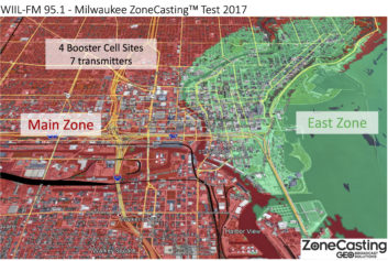 GeoBroadcast Solutions says it has performed three ZoneCasting tests under FCC experimental operation. For WIIL(FM) in Milwaukee the main zone is shown in red on the left and the increased zone is shown in green. GBS said this design is being used full-time in France.