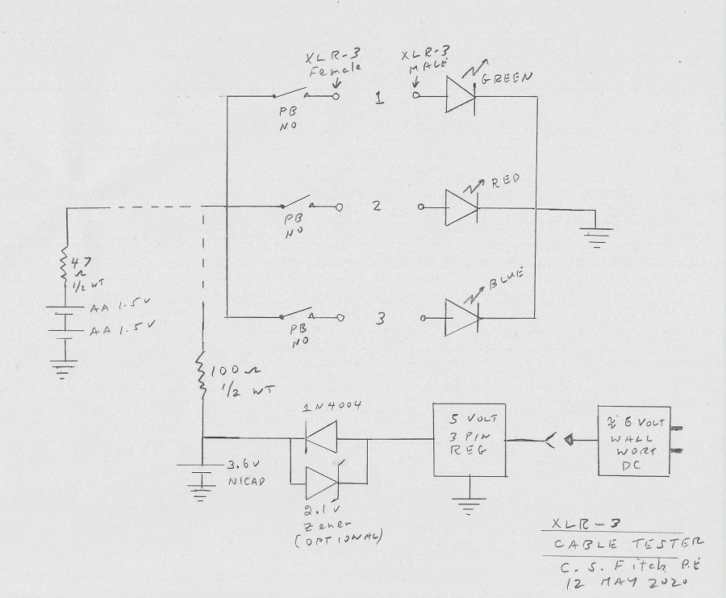 Schematic for XLR Cable Tester by Charles S. Fitch