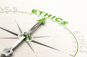 compass with needle pointing the word ethics. Conceptual 3d illustration of business integrity and moral