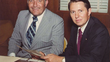 George Beasley, right, is shown in an archival photo with Al Jones, former general manager of WGAC.
