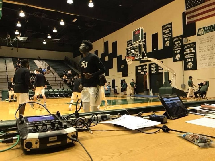 The Comrex Access NX Portable at courtside, supporting live coverage of a Stetson University basketball game.