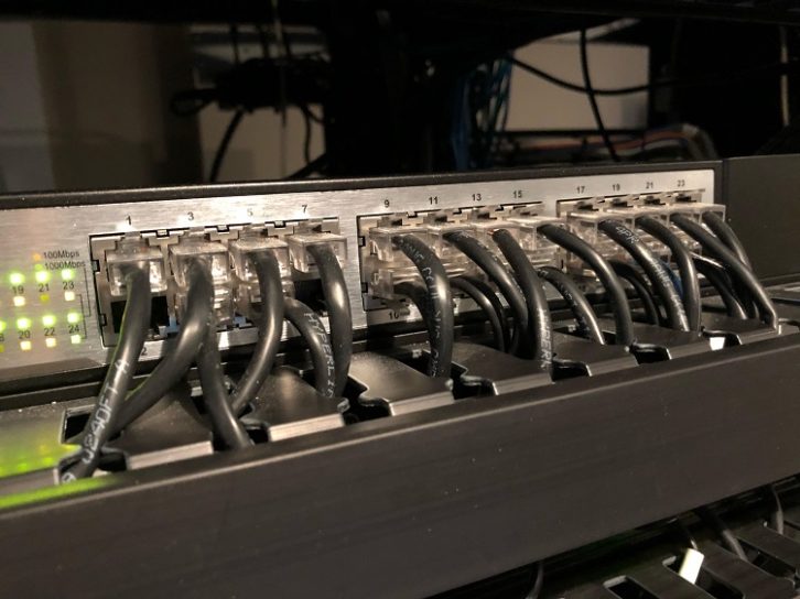 RJ-45 connectors in a rack