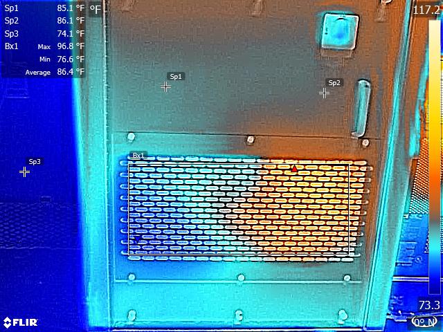 BE transmitter seen via IR camera, showing uneven color 