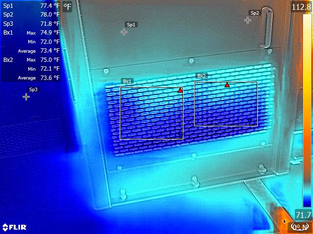 BE transmitter seen with infrared camera, after repair, showing consistent blue color