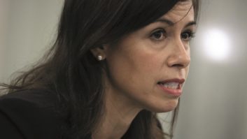 Then-Commissioner Jessica Rosenworcel is shown at a Senate hearing in 2020. She is now acting chairwoman. Photo by Alex Wong/Getty Images.