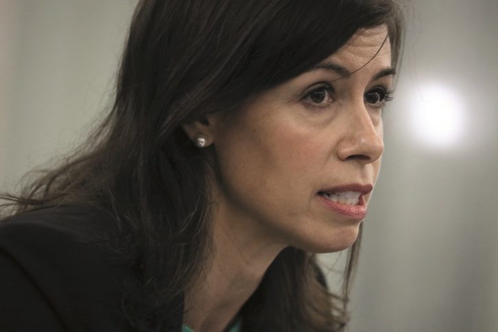 Then-Commissioner Jessica Rosenworcel is shown at a Senate hearing in 2020. She is now acting chairwoman. Photo by Alex Wong/Getty Images.