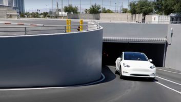A Tesla emerges from the Boring Tunnel Loop at the Las Vegas Convention Center in an image from a CNET YoutTube video.