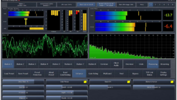 Omnia Enterprise 9s interface showing Omnia.9 display metering with processing activity, I/O loudness readings, and frequency analysis for one station