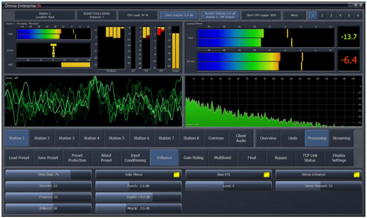 Omnia Enterprise 9s interface showing Omnia.9 display metering with processing activity, I/O loudness readings, and frequency analysis for one station