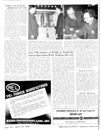 Jack DeWitt, WSM, Broadcasting magazine March 10 1941, early FM radio, W47NV