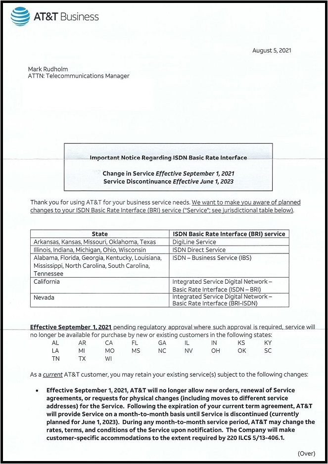 AT&T ISDN cutoff notice letter