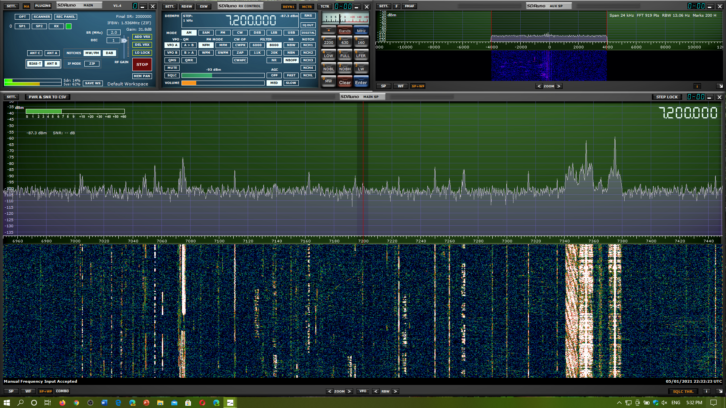 Screenshot of an SDR receiver on shortwave with the signals of broadcasts and amateur radio signals.