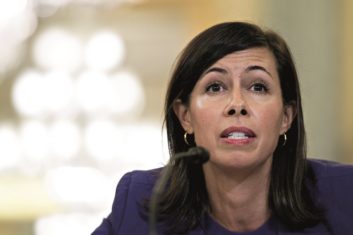 Jessica Rosenworcel, now acting chairwoman of the FCC, is shown at a Senate committee hearing in 2018.