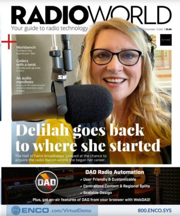Cover of Radio World Nov. 24 issue with Delilah working at the microphone