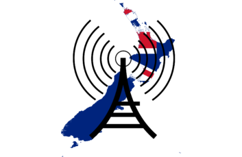 Flag-map of New Zealand with a transmitting tower laid over