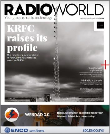 Cover of Radio World June 22 2022 Issue showing KRFC tower