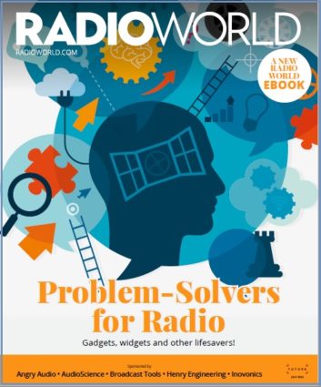 Cover of Radio World ebook on problem solvers july 2022, showing a conceptual image of a head with icons around it suggesting problem-solving