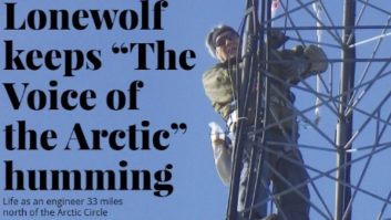 Cover of Radio World Aug. 17 issue showing Pierre Lonewolf ascending a radio tower