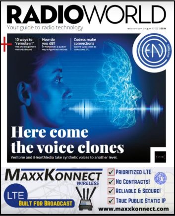 Cover of Radio World Aug 3 issue with a conceptual image of a woman and a clone both speaking