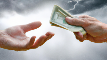 Human hand giving money to another human hand with a storm in the background (concept image)