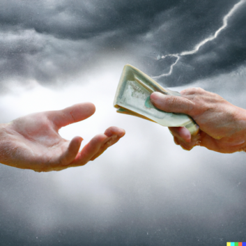Human hand giving money to another human hand with a storm in the background (concept image)