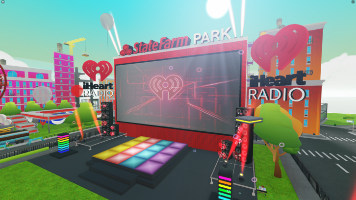 Screen shot of performance stage within the virtual iHeartLand on Roblox game