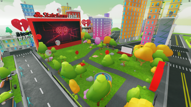 A screen shot of State Farm Park, a virtual performance venue within the iHeartLand on Roblox site