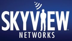 Logo of Skyview Networks with white letters on blue background including figure of a man receiving a satellite signal