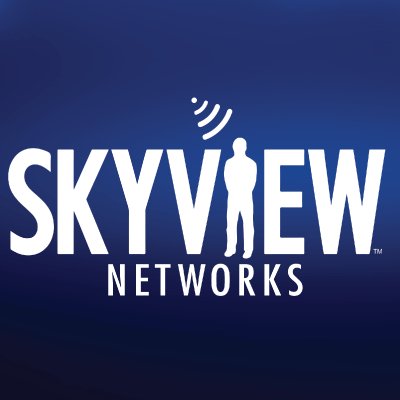 Logo of Skyview Networks with white letters on blue background including figure of a man receiving a satellite signal