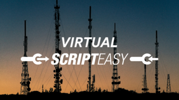 WorldCast Systems Virtual ScriptEasy logo over a photo of broadcast towers on a mountaintop