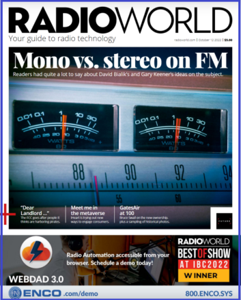 The cover of Radio World's Oct 12 2022 issue with an image of left- and right-channel meters on a classic radio tuner 