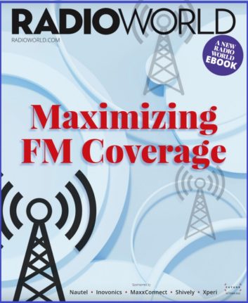 Cover detail of Radio World ebook with the words Maximizing FM Coverage in red on a light blue background with an accompanying icon of a broadcast tower