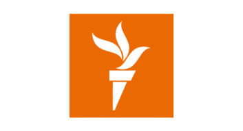 logo of Radio Free Europe Radio Liberty, the symbol of a torch in white on an orange background