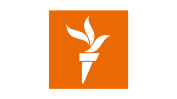 logo of Radio Free Europe Radio Liberty, the symbol of a torch in white on an orange background