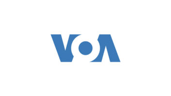 logo of Voice of America, the letters VOA in blue and white