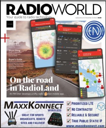 Cover of Radio World's November 23 2022 issue featuring the station locator app Radioland being used on three smartphones