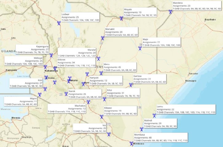 A map of a possible frequency plan to ensure DAB coverage equivalent to current FM coverage in Kenya