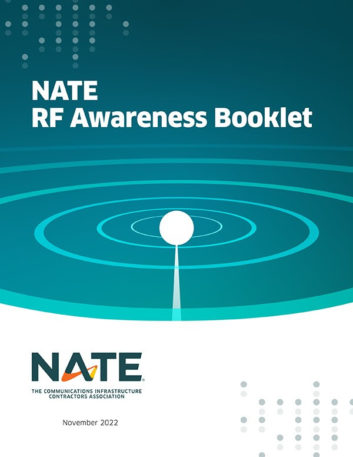 Cover ot the NATE RF Awareness Booklet with a conceptual image of a radiating tower sending out circular energy waves against a teal background