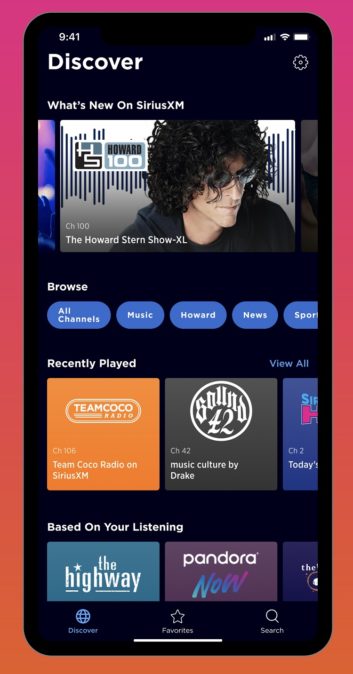 Content discovery screen of the updated SiriusXM mobile app showing a simplified and streamlined layout