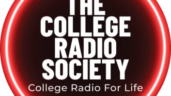 Logo of the College Radio Society, white letters on a black background in a red and white circle
