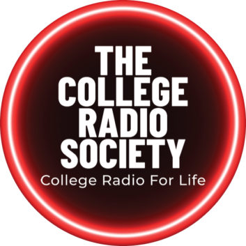 Logo of the College Radio Society, white letters on a black background in a red and white circle